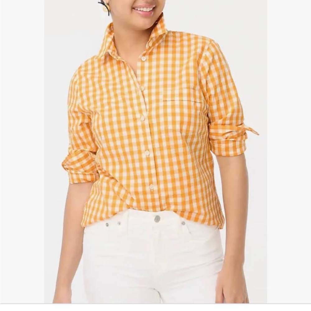 J Crew orange gingham button up blouse.size small.